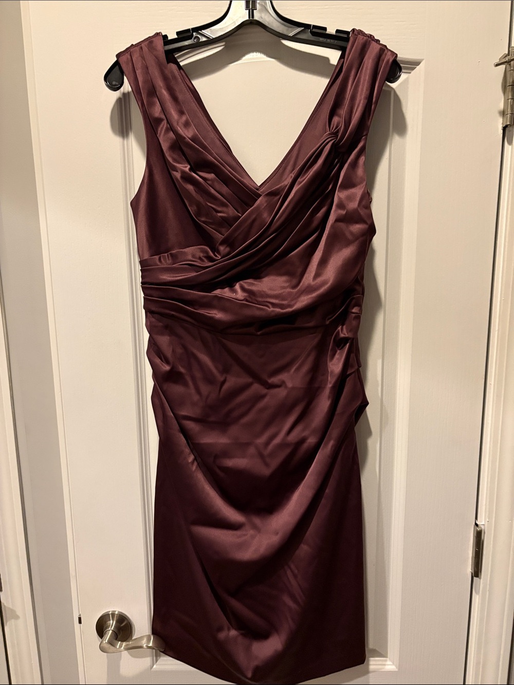 Suzi Chin for Maggy Boutique Draped Satin Midi Dress in Burgundy Plum